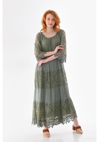 Eren Style İtalyan Sunshine İpek Detaylı Dantelli Elbise-9033 Haki