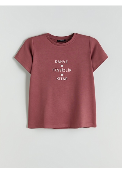 Lcw Everyday Pembe Bisiklet Yaka Slogan Baskılı Kadın Tişört