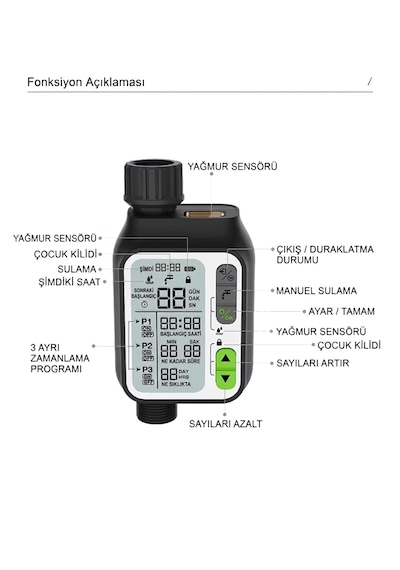 Akıllı Bahçe Sulama Sistemi Kontrol Ünitesi - Otomatik Su Zamanlayıcı - Ipx5 Su Geçirmez Yağmur Sensörlü