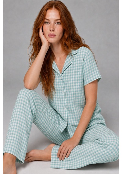Kare Desenli Bürümçük Kumaş Kısa Kollu Pijama Takımı 6065 Su Yeşili
