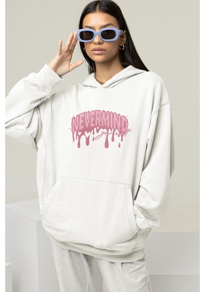 Nevermind Unisex Oversize Hoodie Sweatshirt Pembe Baskılı Kapüşonlu Beyaz
