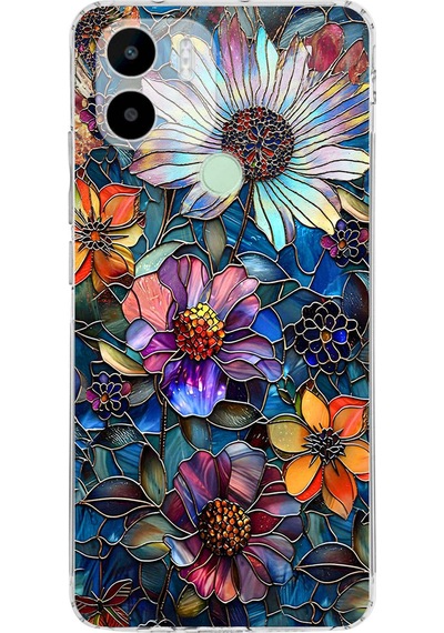 Printify Redmi A1 Plus İle Uyumlu Vitray Mücevher Flora Tasarımlı Şeffaf Silikon Kılıf Şeffaf