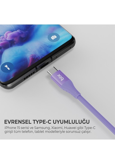 Bix BXSC1CC 60 W Type-C To Type-C 1.2 M Silikon Şarj ve Data Kablosu Lavanta