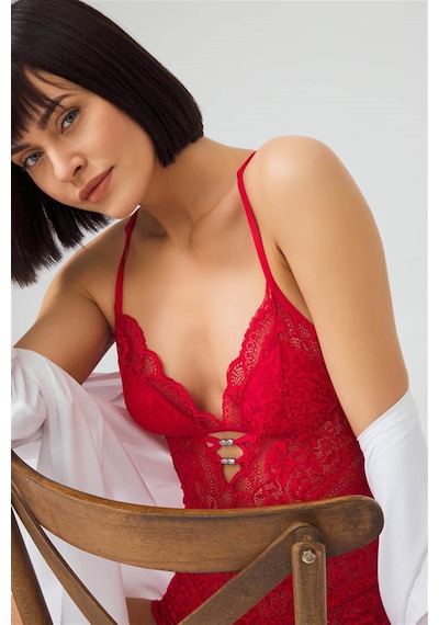 Cottonhill Kırmızı Çıtçıtlı Sırt Dekolte Transparan Kaplı Dantelli Bodysuit Kirmizi