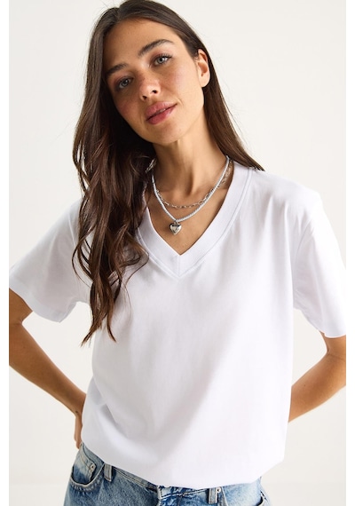 Shade Pamuk Derin V Yakalı Comfort Fit T-shirt 60602066 - Beyaz L