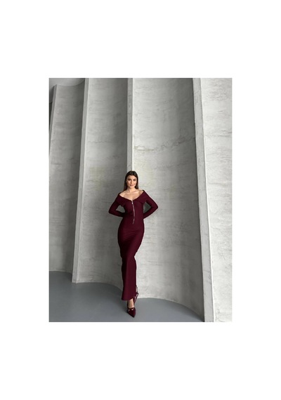 Asur Boutique Asur Butik Yarı Fermuarlı Ottoman Kumas Elbise Bordo