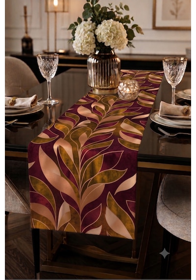 Premium Masa Runner Dijital Baskılı Yaprak Desenli Dekoratif Salon Mutfak Yemek Masası Runner Örtüsü 45x140 Cm Turuncu