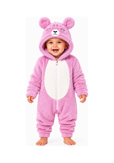 Kız Erkek Bebek Welsoft Peluş Tulum Kapüşonlu Fermuarlı Kışlık Bebek Tulumu Ayıcık Desenli Yumuşak Polar Tulum Gül Kurusu
