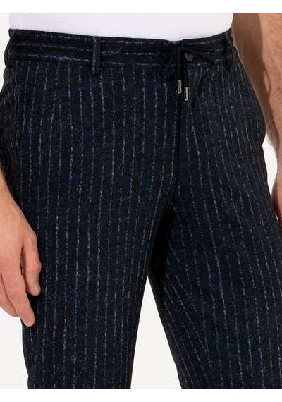 Cacharel Lacivert Ex. Slim Fit Beli Bağcıklı Çizgili Kumaş Pantolon