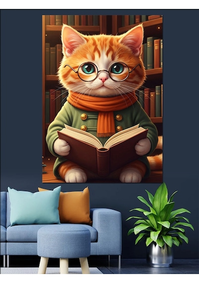 Kitap Okuyan Sevimli Kedi Dekoratif Kanvas - Mdf Ahşap Tablo