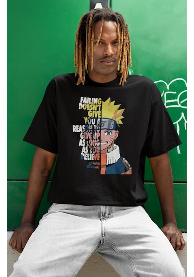 Özel Tasarım Naruto Uzumaki Baskılı Unisex Oversize Anime Dizi Ka Siyah
