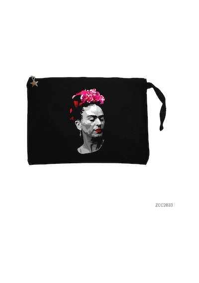 Zepplin Giyim Frida Kahlo Portre - 6 Siyah Clutch Astarlı Cüzdan / El Çantası Siyah