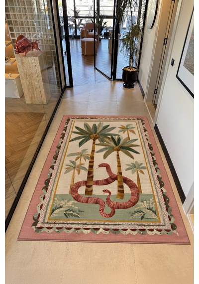 Palm 304 Yeşil Pembe Palmiye Doğa Desenli Yıkanabilir Modern Mutfak Ev Oda Salon Oturma Odası Halısı Pembe Yeşil 4