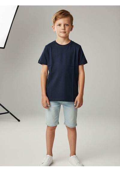 Zekids Çocuk Pamuklu Basic Yuvarlak Yaka T-shirt-16714 Lacivert