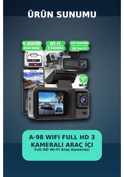 1080p Full Hd 3 Kameralı Araç İçi Kayıt Kamerası Seti Wi-fi Ve Park Modu Özellikli