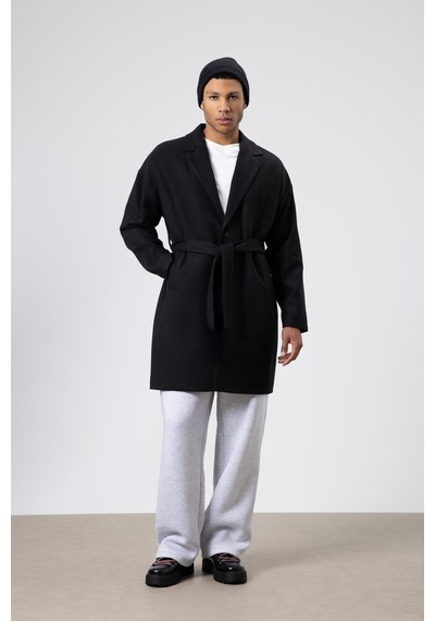Vamos Kemerli Oversize Kaşe Kaban Siyah