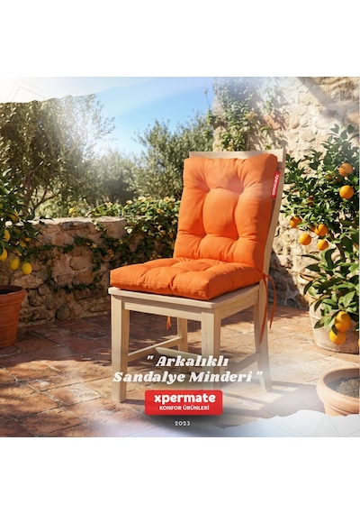 Pofuduk Arkalıklı Sandalye Minderi Bağcıklı Yıkanabilir Dekoratif Minder Turuncu