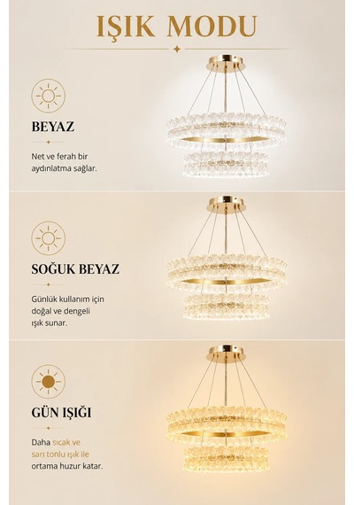 Modern Premıum Sarkıt Avize Gold Kasa Üç Renk Led Cam Taşlı Lüx Avize 228w Beyaz