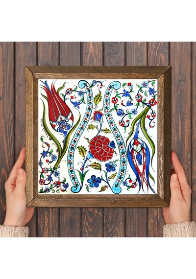 Pinecone Çini Sanatı Lale Taş Duvar Tablosu - Ahşap Çerçeveli Taş Tablo - 25x25 Cm - Dekoratif Duvar Sanatı - Modern Ev Ve Ofis Duvar Dekoru W1-185