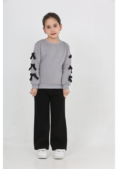 Erdem Kıds Kız Çocuk 3 İplik Şardonlu Kurdele Detaylı Basic Sweatshirt-bol Kesim Palazzo Eşofman Takım Gri-siyah Gri-siyah
