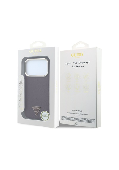 Apple iPhone 18 Pro Uyumlu Kılıf Guess  Lisanslı M-safe Şarj Özellikli Grained Triangle Kapak Bordo