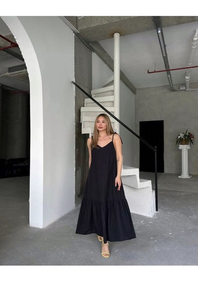Poplin Kumaş Ayarlanabilir Askılı Elbise Siyah