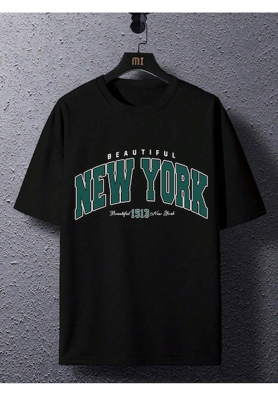 New York 1513 T-shirt - Siyah Baskılı Oversize Bisiklet Yaka Kısa Kol Tişört Siyah