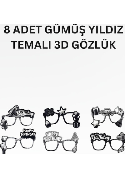 Gümüş Yıldız Temalı Doğum Günü Parti Seti İyi Ki Doğdun Banner, Tavan Sarkıt, Gözlük, Pasta Süsü Ve Mısır Kutusu
