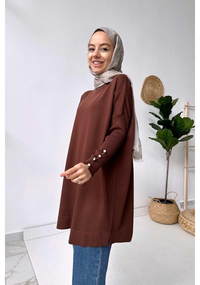 Kahijab Kol Detay Merserize Tunik - Kahverengi