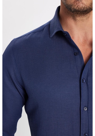 Tudors Erkek Slim Fit Dar Kesim Uzun Kollu Pamuklu Kolay Ütü Armürlü Lacivert Gömlek-32837 Lacivert