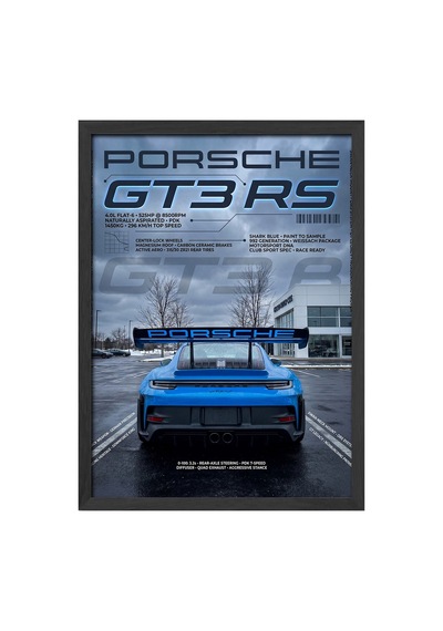 Porsche Gt3 Rs Siyah Ahşap Çerçeveli Poster, Dekoratif Araba Duvar Tablosu