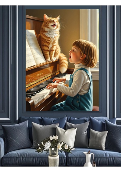 Ahşap Tablo Kedi Ve Piyano Çalan Çocuk