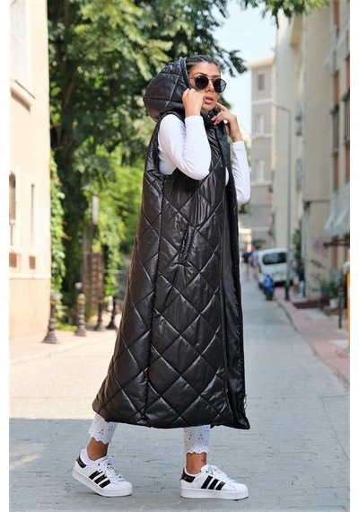 Veraura Lifestyle Siyah Kapüşonlu Cepli Baklava Desen Uzun Şişme Yelek