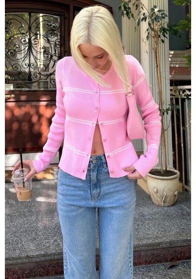 Madmext Pembe Çizgili Kadın Triko Hırka Mg2481 Pembe