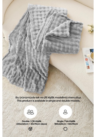 Kürk Bubble Battaniye Seti Çift Kişilik Peluş Tavşan Tüyü 3 Parça Yumuşak 220x240 Cm Gri
