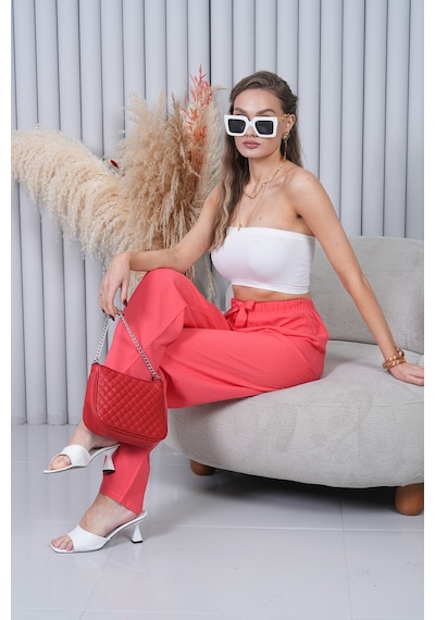 Polologin Butik Beli Bağcıklı Yüksek Bel Bol Paça Mercan Pantolon Kırmızı