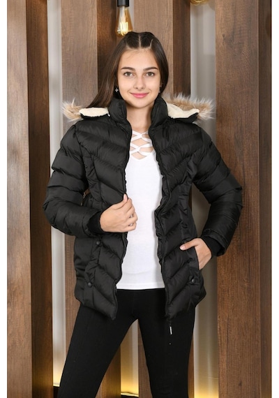 Lasgaris Jeans Kız Çocuk Kapüşonlu Kürk Detaylı Şişme Mont Siyah