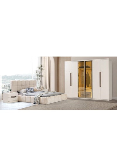 Hale Mdf Membran 6 Kapaklı Reflekte Camlı Gardırop Ve Yatak Odası Takımı Beyaz