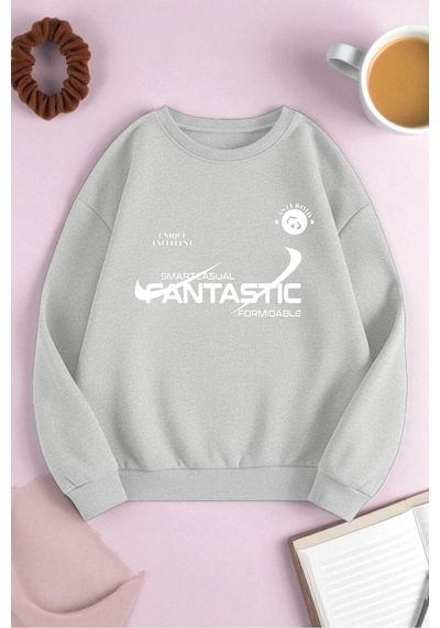 Uyguntarz Unisex Fantastic Baskılı Oversize Sweatshirt Gri