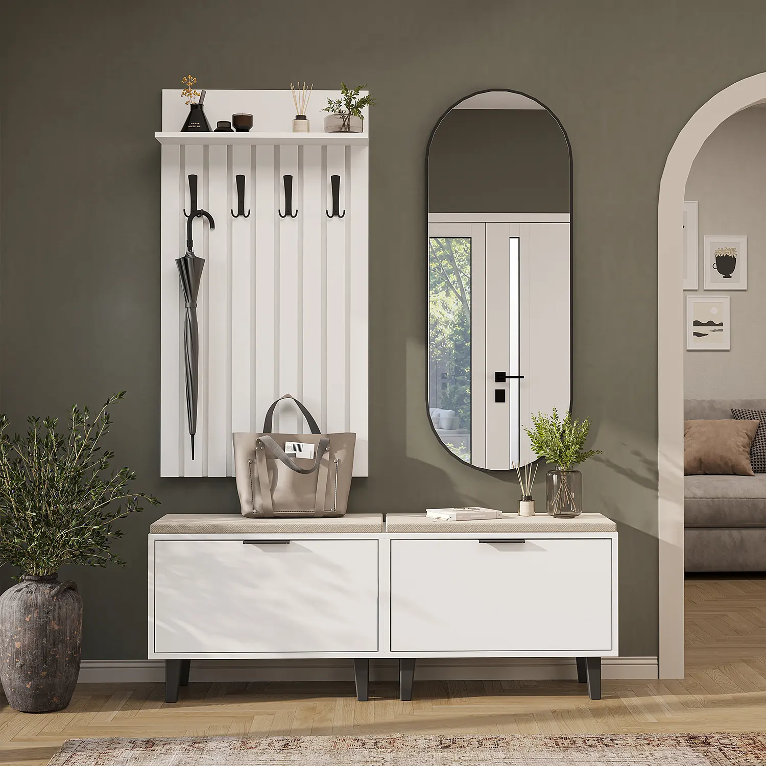 Nord Vestiyer Takımı Lambri Askılıklı, 2 Adet Kapaklı Bench, Modüler, Oval Aynalı Portmanto Takımı Beyaz Nord Vestiyer Takımı Lambri Askılıklı, 2 Adet Kapaklı Bench, Modüler, Oval Aynalı Portmanto Takımı Beyaz