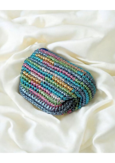 Metalik Renkli El Örgüsü Kadın Clutch Çanta Saten Astarlı Premium Handmade Gece Ve Omuz Çantası Çok  Renkli