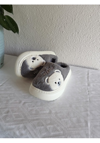Kadın Ayıcık Desenli Rahat Peluş Ev Terliği 25bnt132 Gri