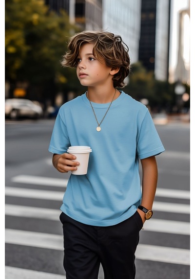 Cloise Mavi Çocuk T-shirt Kız Erkek Unisex %100 Pamuk Mavi