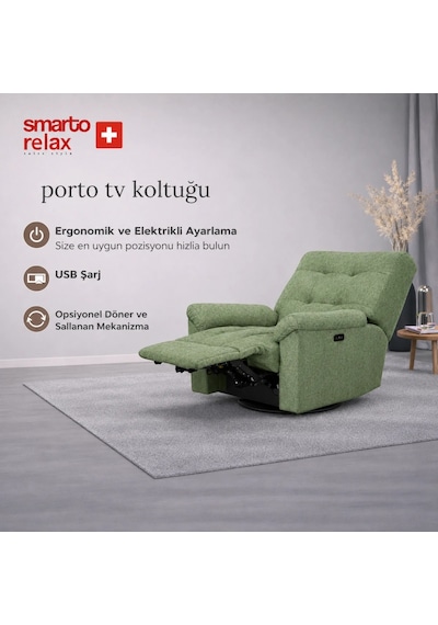 Smarto Relax Porto Comfort Elektrikli Döner Sallanan Tv Koltuğu Kontrol Panelli Ergonomik Polyester Baba Koltuğu Bej