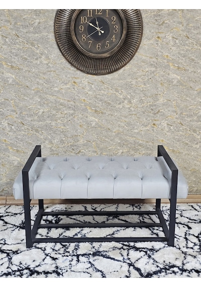Zafir Siyah Boyalı Metal 80 Cm Puf Bench - Antre Puf - Hol Bench - Puf - Oturak - Bench Gri