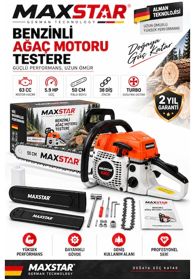 Maxstar MXSPR6320 63CC 5.9HP Benzinli Motorlu Testere Ağaç Kesme Motoru