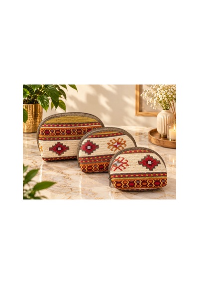 Badufa Home Etnik Kilim Desenli Fermuarlı El Askılı Makyaj Ve Organizer Çantası-3farklı Boy Bej Bej