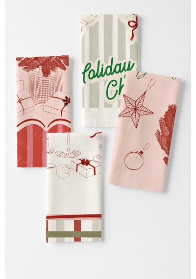 Yılbaşı & Christmas Desenli Tek Taraf Baskılı 4'lü Mutfak Havlusu Kurulama Bezi Seti 60x40 Cm Çok Renkli
