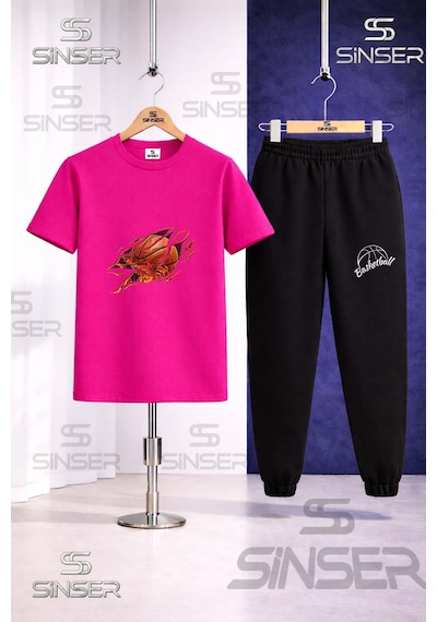 Ss Sinser Çocuk Alevlı Basket Topu Baskılı Tişort Eşofman Takımı Pembe - Siyah
