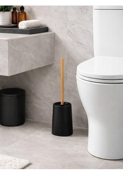 Mat Siyah Ahşap Saplı Tuvalet Fırçası Ve Standı Modern, Şık Wc Fırçası Vıchy-7047